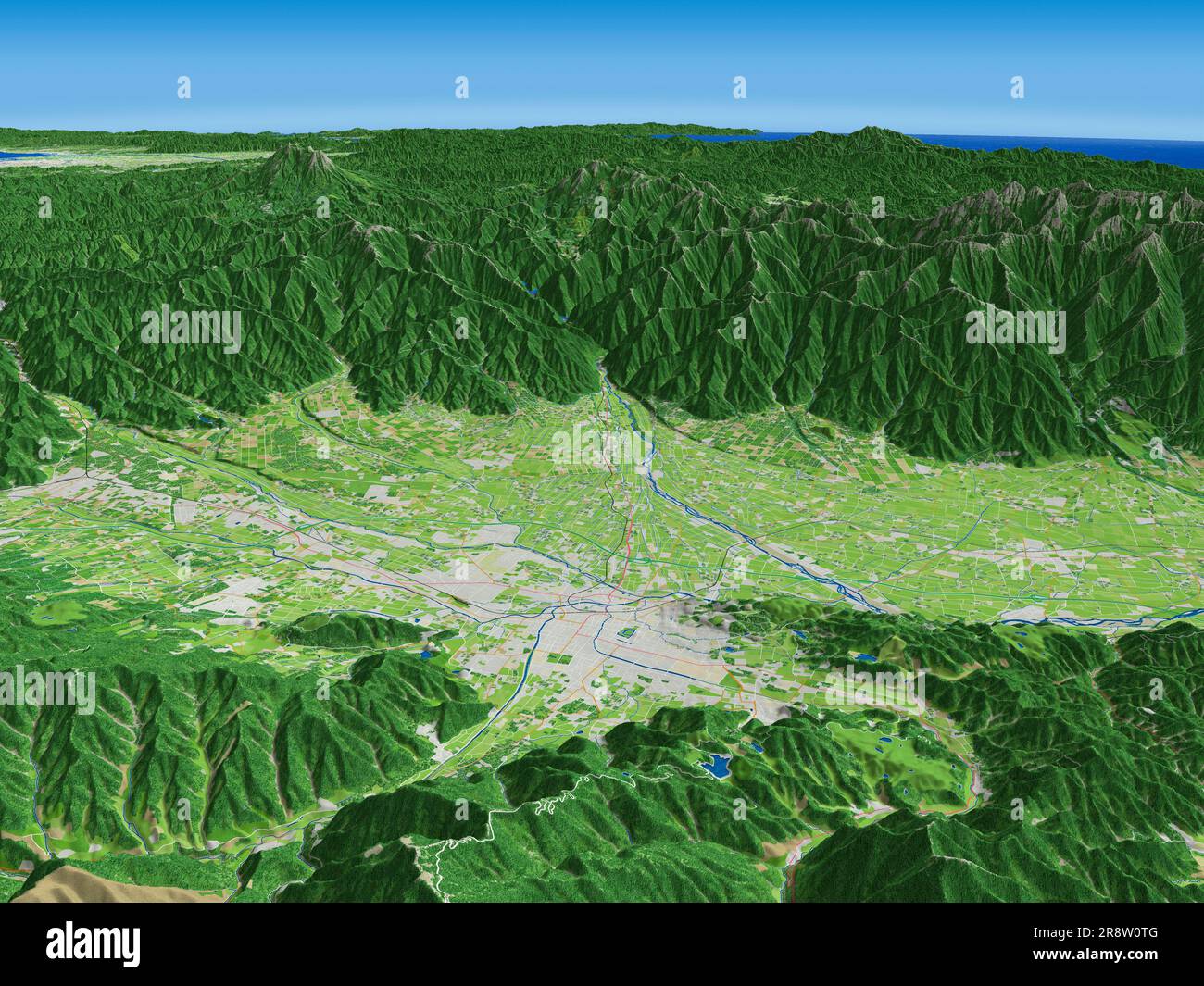 Vista del bacino di Matsumoto e delle Alpi settentrionali Foto Stock