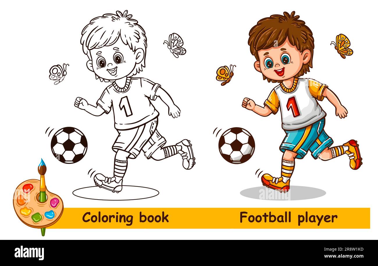 Simpatico giocatore di calcio ragazzo, bambino che gioca a calcio, pagina di un libro da colorare per i giochi sportivi. Simpatico personaggio dei cartoni animati sportivo che calza la palla. Vettore Illustrazione Vettoriale