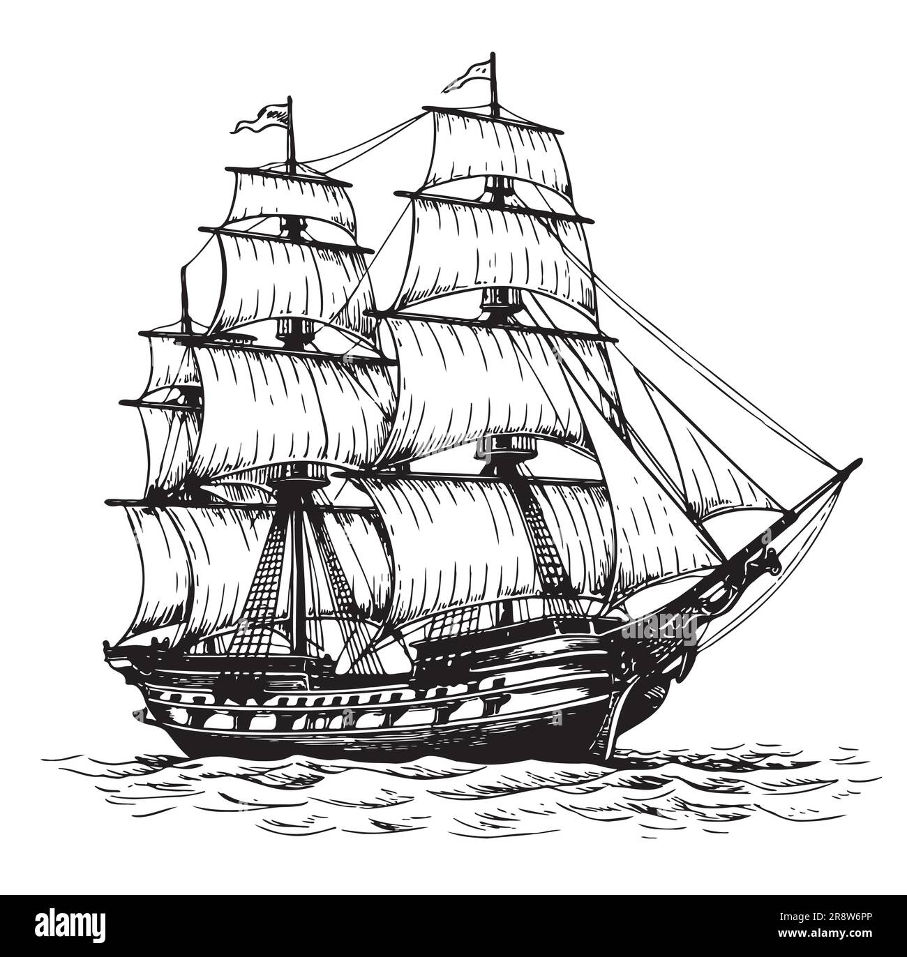 Schizzo di una nave pirata d'epoca disegnato a mano in stile incisione Illustrazione Vettoriale