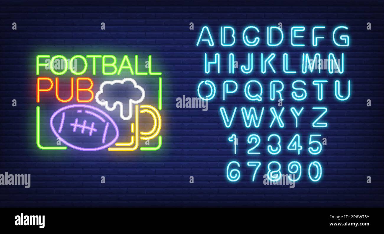 Set di insegne al neon con alfabeto e pub di football Illustrazione Vettoriale