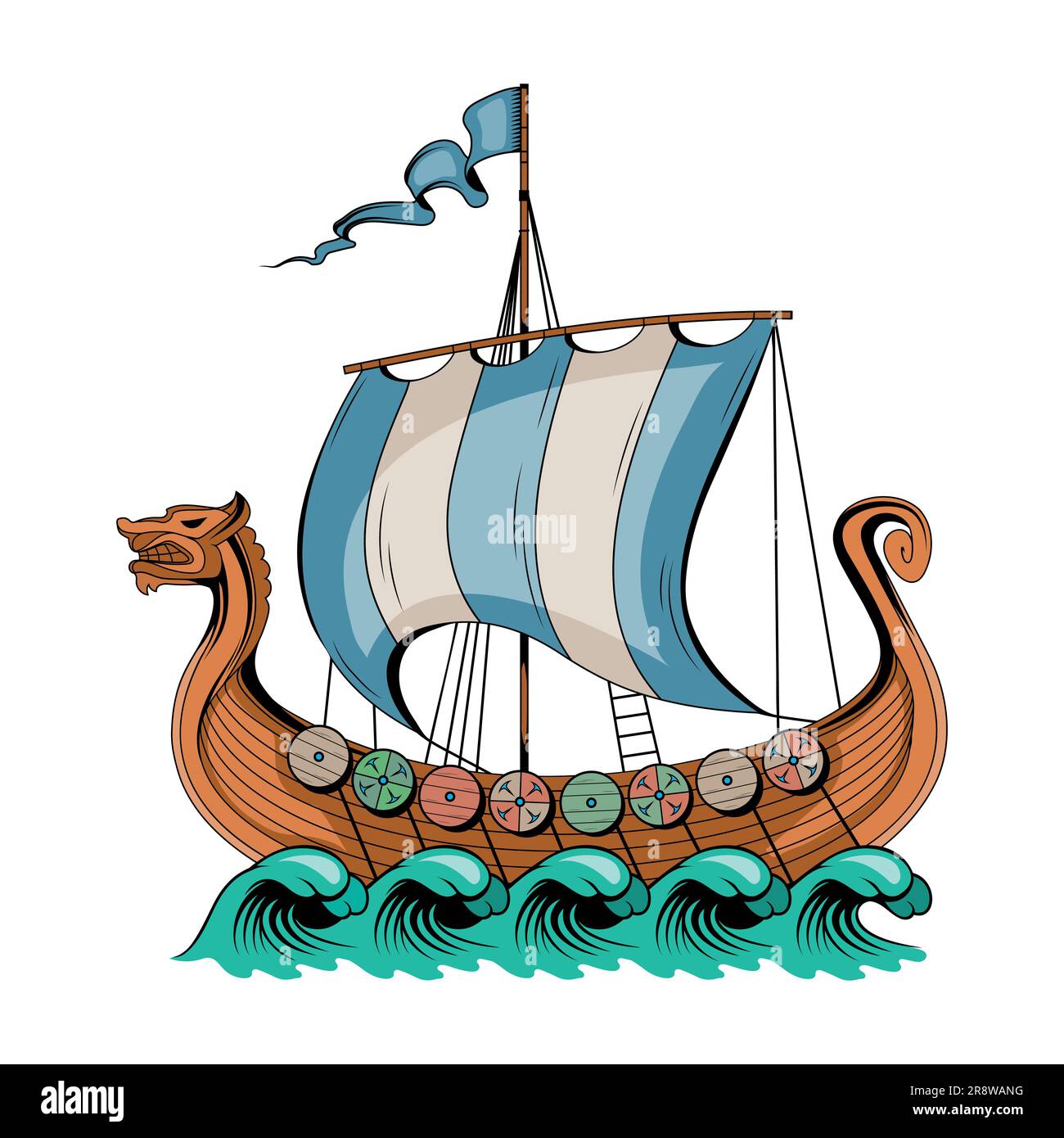 Nave Drakkar. Illustrazione vettoriale di una nave da guerra scandinava vichinga con testa di draghi Illustrazione Vettoriale
