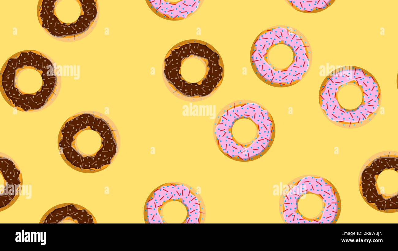 Modello senza cuciture, consistenza di diverse farine dolci, gustose ciambelle calde fresche, pasticcini, biscotti ricoperti di zucchero in pasta caramellata al cioccolato Illustrazione Vettoriale