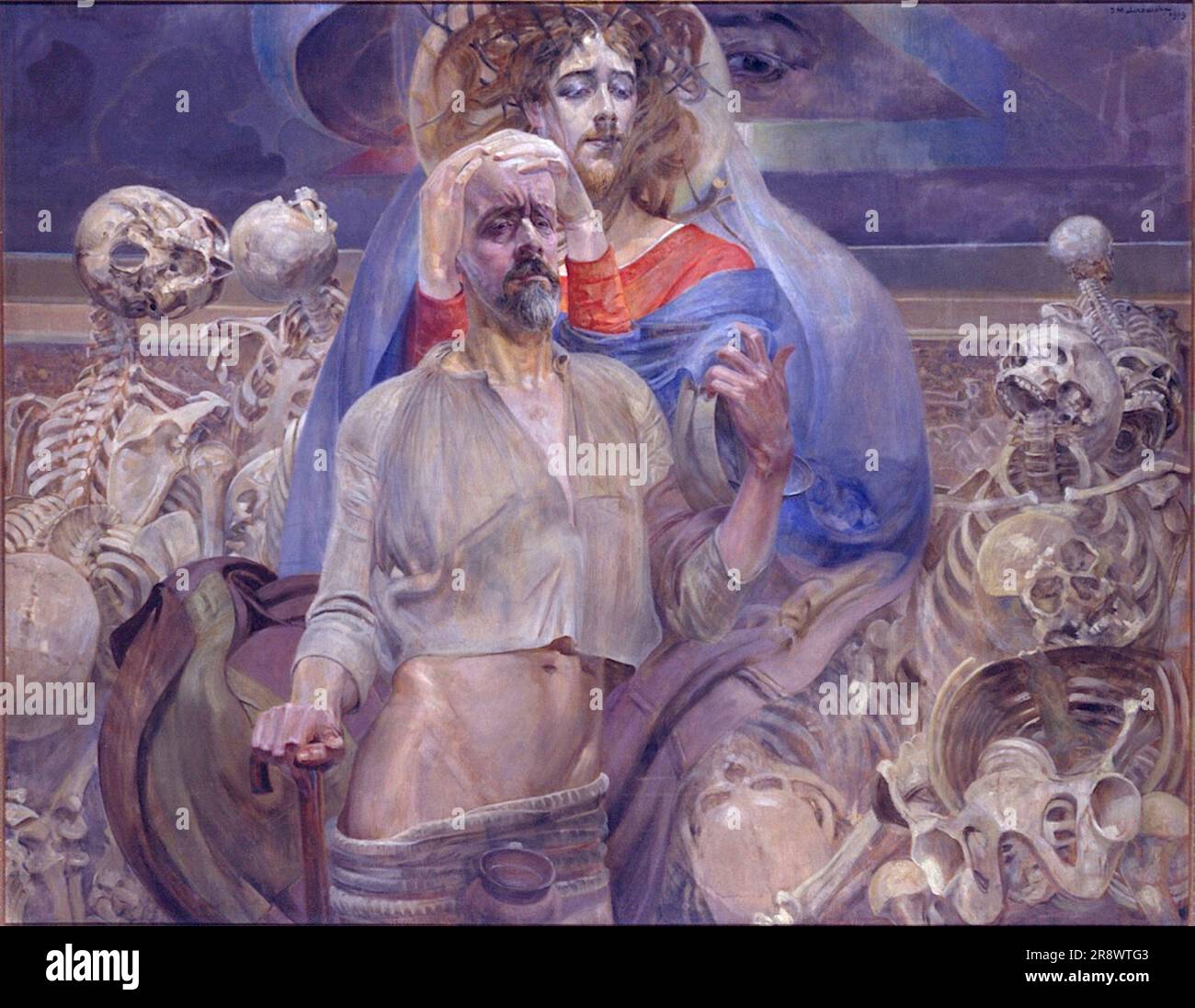 Jacek Malczewski - simbolico Scenę - 1919 - Un uomo sta con un altro dietro di lui in una veste blu e rossa e una corona di spine. Gli scheletri abbondano. Foto Stock