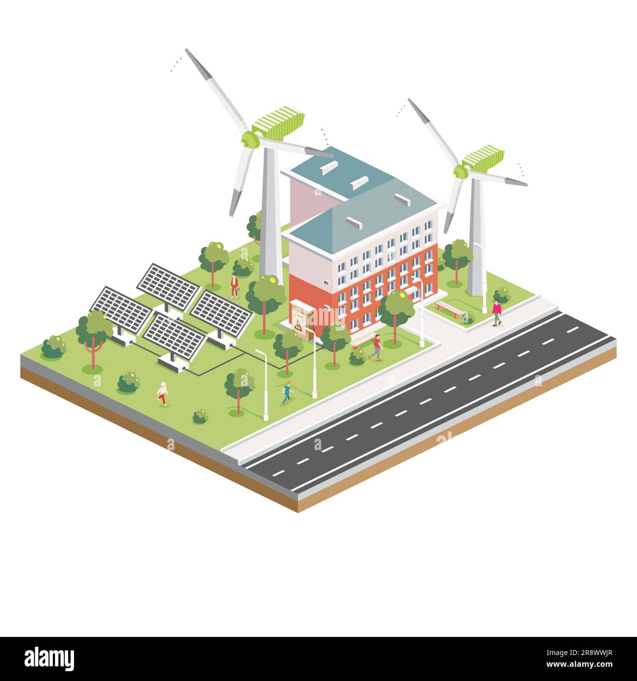 Pannelli solari isometrici con turbina eolica. Green Eco-friendly House. Elemento infografico. Illustrazione vettoriale. Architettura cittadina isolata sul retro bianco Illustrazione Vettoriale