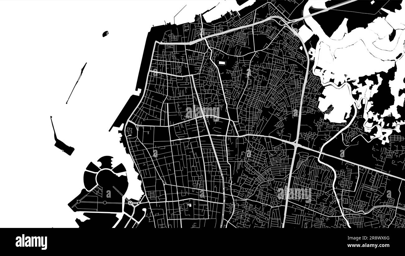 Mappa della città di Makassar. Poster urbano in bianco e nero. Immagine della mappa stradale con vista dell'area verticale della città metropolitana. Illustrazione Vettoriale