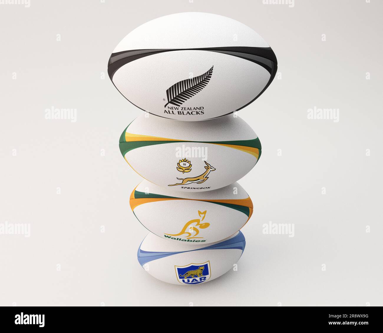 Un rendering 3D di una pila di palle da rugby generiche impresse con i  loghi delle squadre partecipanti al Rugby Championship Sud Africa,  Australia, New Zeal Foto stock - Alamy