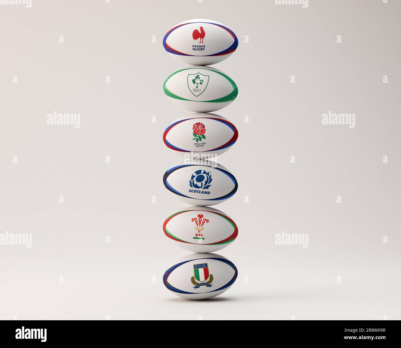 Un rendering 3D di una pila di palle da rugby generiche impresse con i loghi delle squadre partecipanti al Six Nations Championship Francia, Irlanda, Inghilterra, S. Foto Stock