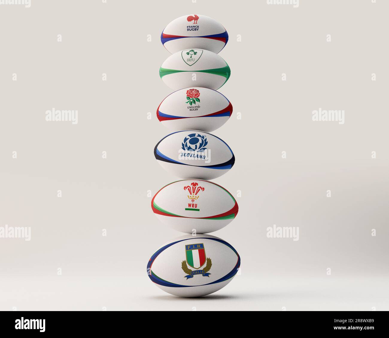 Un rendering 3D di una pila di palle da rugby generiche impresse con i loghi delle squadre partecipanti al Six Nations Championship Francia, Irlanda, Inghilterra, S. Foto Stock