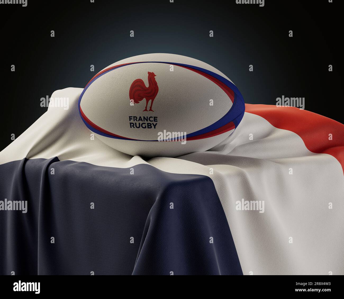 Una rappresentazione 3D di una palla da rugby generica impressa con il logo del rugby Les Bleus appoggiato su una bandiera nazionale francese drappeggiata - 4 dicembre 2022 a Bristol, un Foto Stock