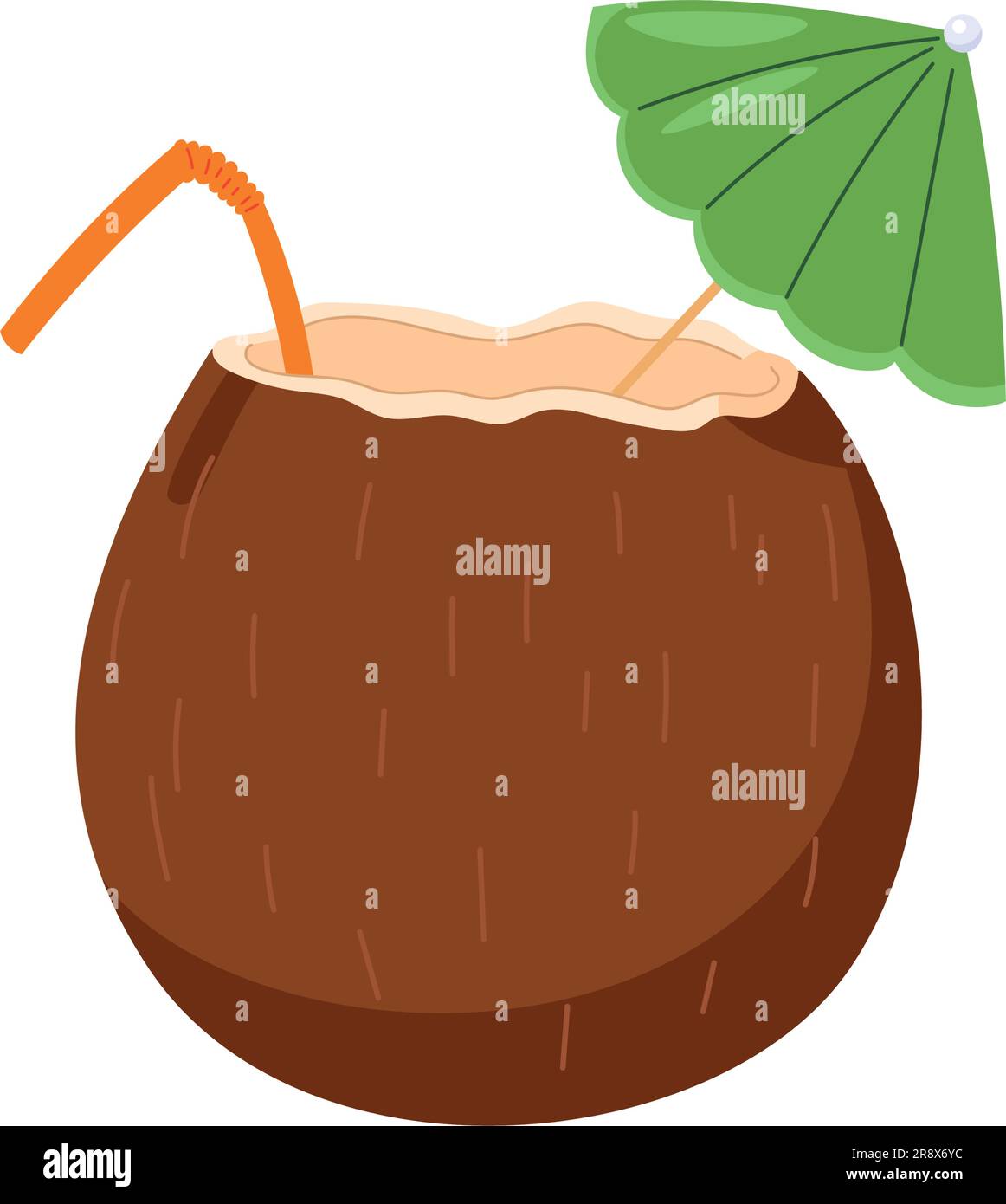 Esotico cocktail di cocco con cannuccia e ombrello dal design piatto. Bevanda fredda estiva Illustrazione Vettoriale