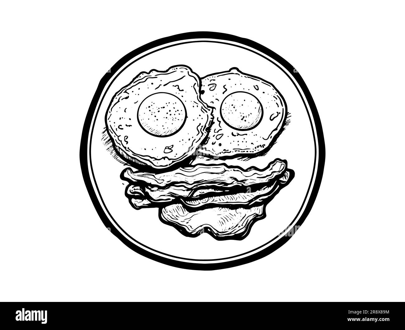 Uova e pancetta su un piatto. Disegnato a mano Illustrazione Vettoriale