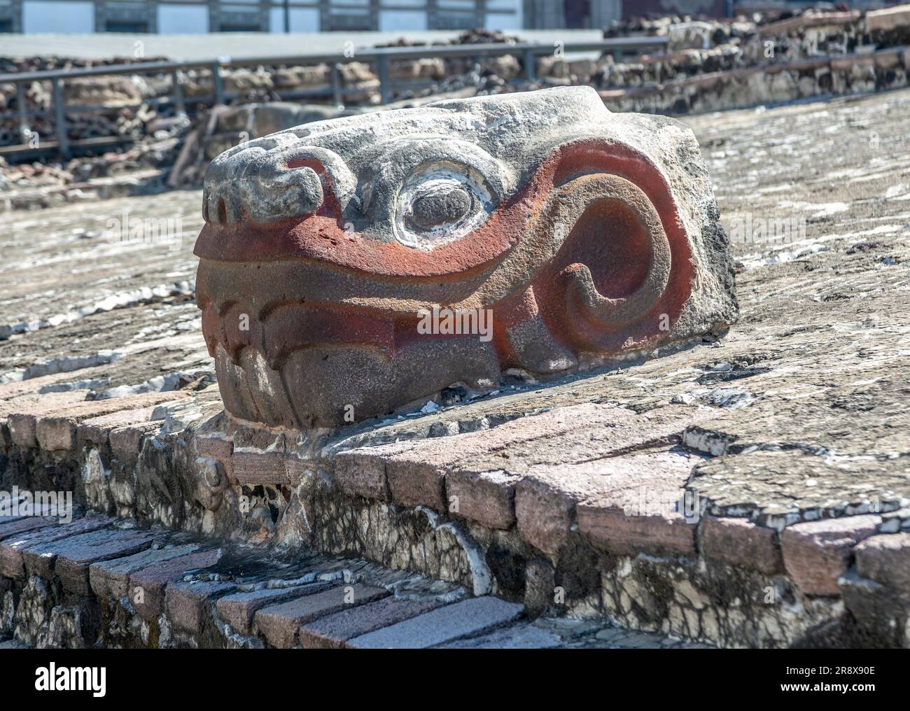 Testa di serpente in pietra al grande Tempio, sito archeologico e museo di Templo Mayor, città del Messico, Messico Foto Stock