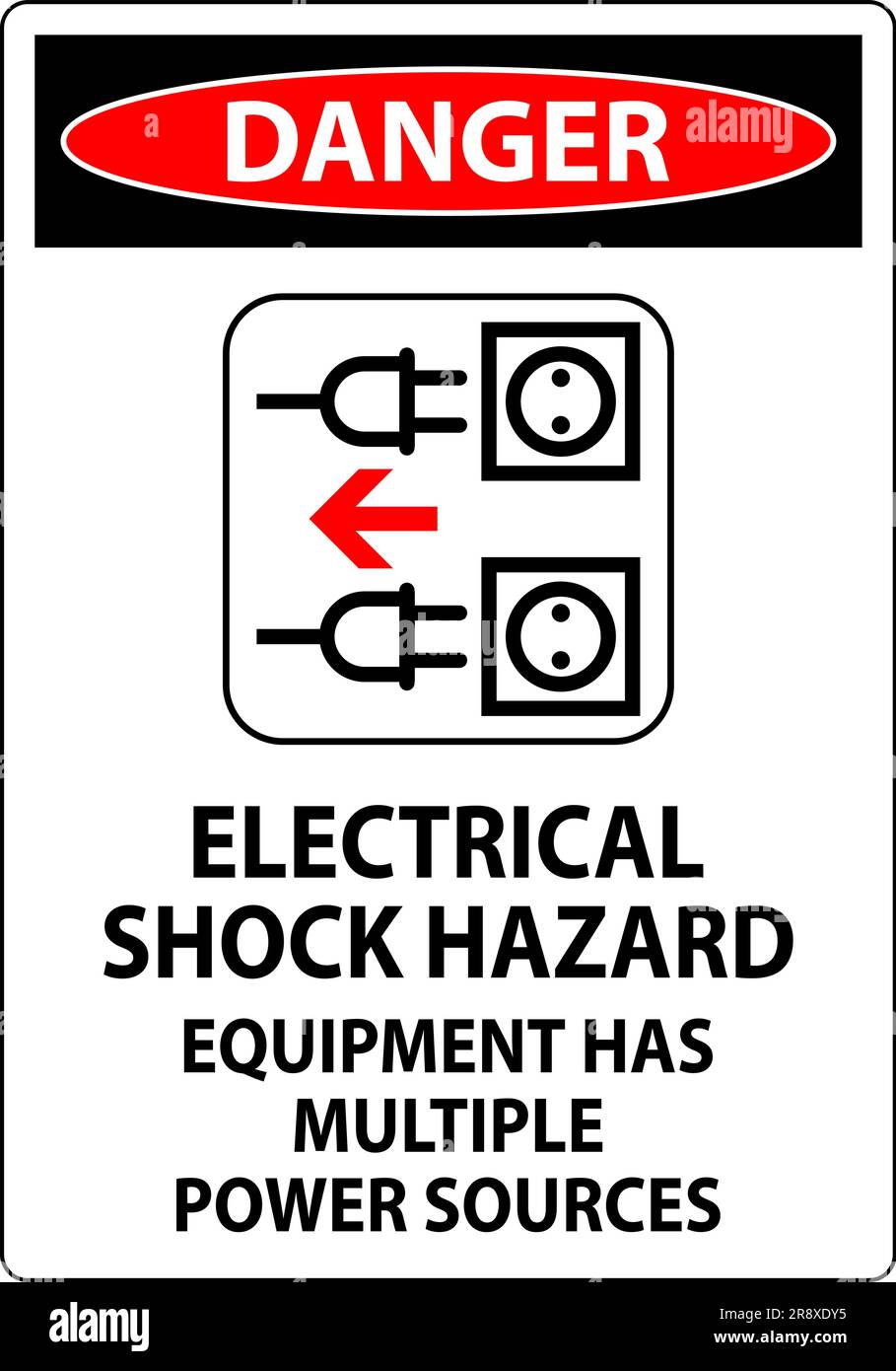 Cartello di pericolo pericolo scosse elettriche, l'apparecchiatura è dotata di più fonti di alimentazione Illustrazione Vettoriale