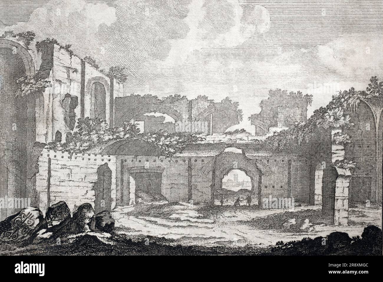 Un'incisione storica del cortile e dei resti delle Terme di Caracalla, Roma, XVIII secolo. Foto Stock