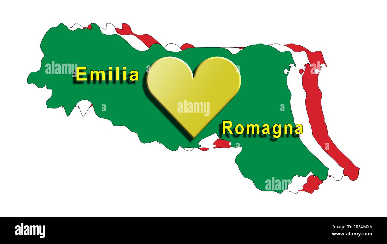 Emilia Romagna nel cuore, maltempo, solidarietà da tutta Italia per seguire e sostenere la regione colpita dall'alluvione. illustrazione 3d. Foto Stock