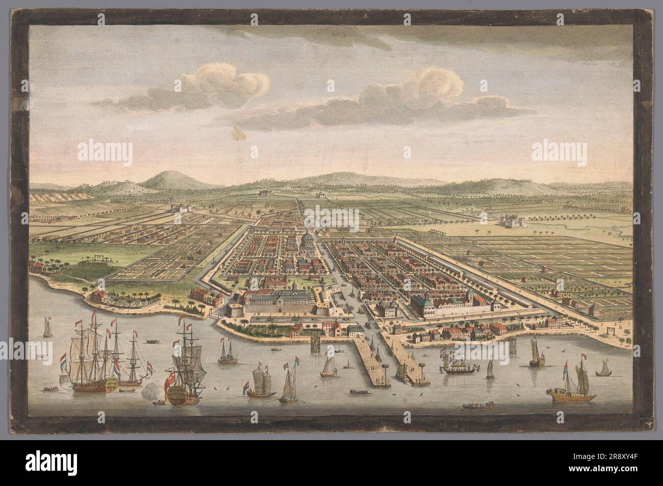 Vista sulla città di Batavia, 1754. La città di Batavia nell'isola di Giava e capitale di tutte le fabbriche olandesi e degli insediamenti delle Indie Orientali. Foto Stock