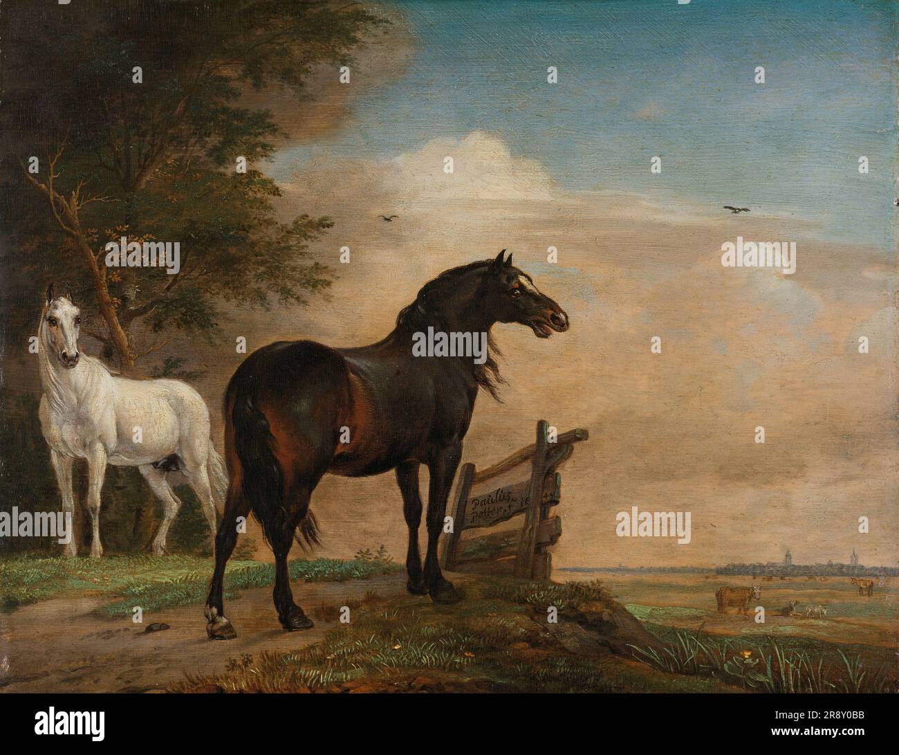 Due cavalli in un prato vicino a una porta, 1649. Foto Stock