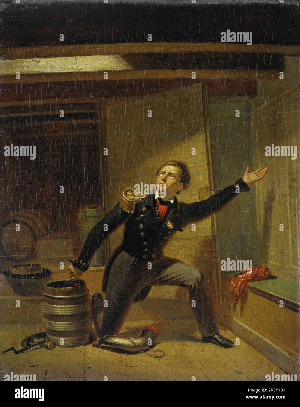 Jan van Speijk accende il fusibile della polvere da sparo, 5 febbraio 1831, (1831-1850). Tenente comandante della marina olandese con la United Netherlands Navy che divenne un eroe nei Paesi Bassi per la sua opposizione alla rivoluzione belga. I belgi assaltarono la nave di Van Speyk, chiedendogli di abbattere la bandiera olandese. Piuttosto che arrendersi, sparò una pistola (alcune versioni dicono che lanciò un sigaro illuminato) in un barile di polvere da sparo nel magazzino della nave. Secondo la leggenda ha gridato: "Preferirei essere fatto saltare in aria allora". Il numero di belgi uccisi è sconosciuto, anche se probabilmente era nella dozzina Foto Stock