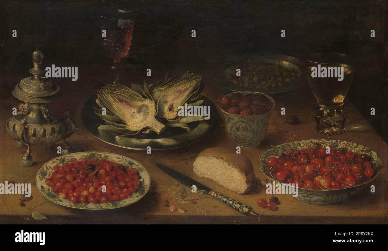 Natura morta con carciofo, frutta in ceramica di porcellana Kraak, una cantina di sale/Castore di pepe, c.1605-c.1615. Foto Stock