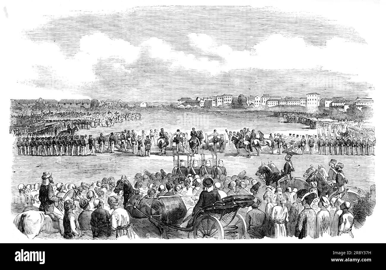 Esecuzione a Bombay di un Havildar mutinoso dei Native Marines e Sepoy del 10th Native Infantry, soffiando da Guns sull'Esplanade, alla presenza di un grande concorso di persone, 1857. Giustizia britannica amministrata ai ribelli indiani - resoconto illustrato da '...il Capo Master della Industrial School of Art di Bombay..."qualunque cosa si possa pensare in Inghilterra riguardo a questo modo di punizione, E' noto da coloro che conoscono bene il carattere asiatico come necessario in una crisi come quella attuale in India. Questa punizione è certamente orribile; ma non dimentichiamo la Foto Stock