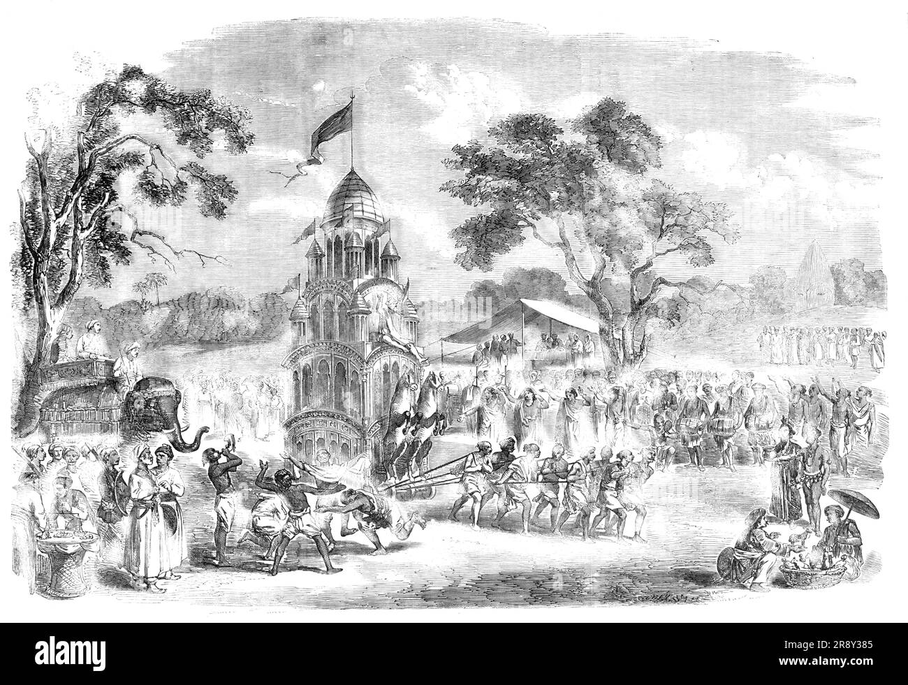 Il Rutt Jatthra, un Hindoo Festival tenutosi a Juggernauth, in Orissa, da un disegno nativo, 1857. "Juggernauth, che significa "il Signore del mondo", ed è uno dei mille nomi di Vishnu, nell'avatar o manifestazione di Krishna, si trova sulla costa del mare del distretto di Cuttack di Orissa... quando le processioni devono aver luogo, Le auto sono portate davanti al tempio, quelle di Siva e Juggernauth sono alte quaranta metri... Siva è abbellita da vernice bianca sporca, Juggernauth con blu scuro e Cali Durga con giallo... i preti li trascinano lungo le corde intorno alle loro n Foto Stock