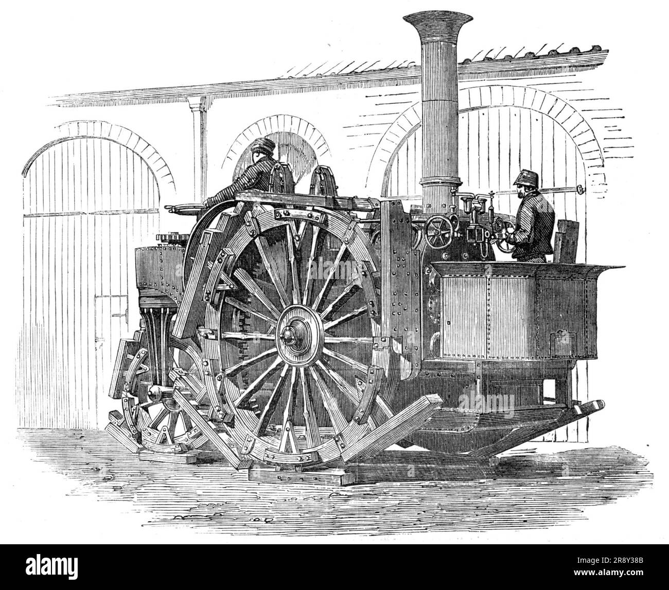 Messrs. Tuxford's Traction-Engine, esposto allo Smithfield Club Cattle Show, [Londra], 1857. "...il motore di trazione, o cavallo a vapore [è] una sorta di leviatano che cammina, più potente dell'elefante, ma gestibile come il cavallo da carretto migliore del contadino. Alcune di queste macchine a movimento automatico sono in fase di costruzione, o sono già state completate, per alcune grandi piantagioni di zucchero nelle Indie occidentali... il merito della sua invenzione appartiene al signor Boydell... questo motore pesa complessivamente circa dodici tonnellate, e di conseguenza è un affare costoso". Da "Illustrated London News", 1857. Foto Stock