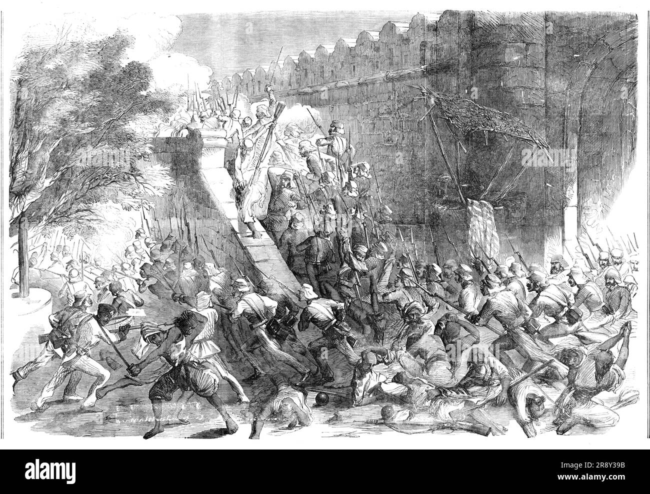 The Storming of Delhi, The Cashmere Gate, 1857. "Questa incisione animata, da un disegno originale, rappresenta l'emozionante scena dell'assalto di Delhi, alla porta di Cashmere, da parte delle nostre coraggiose truppe. Il nome del giovane eroe, Salkeld, degli ingegneri, che hanno riparato e sparato la carica che ha colpito il cancello, sarà memorabile in relazione a questo risultato audace e coraggioso”. Da "Illustrated London News", 1857. Foto Stock