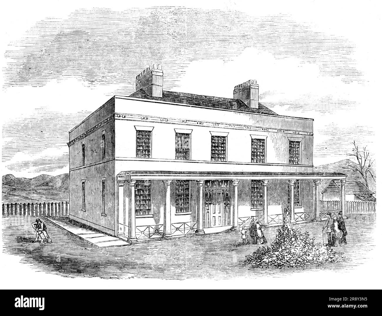 Asilo per l'accoglienza temporanea di soldati pazzi, a Fort Pitt, Chatham, 1857. I pazienti 'che lavorano sotto follia ... sono temporaneamente ricevuti, e, dopo una breve ma rigorosa osservazione, sono dimessi - il tranquillo, laborioso, e innocuo per i loro amici o parrocchie, disposti a riceverli; Il pericoloso e indifeso al Gun Hall Asylum...Un corridoio estende l'intera lunghezza dell'edificio per l'uso dei pazienti, che sono quindi autorizzati a fare esercizio all'aria aperta ogni giorno, indipendentemente dal tempo. I bastioni formano una barriera sul retro dell'asilo, e davanti c'è un'arr di gusto Foto Stock