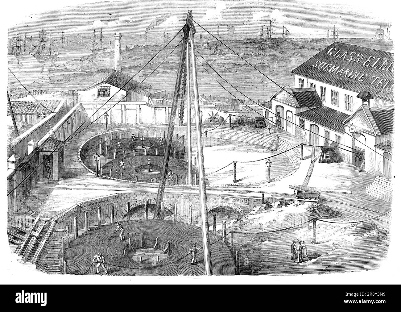 The Atlantic Cable, pronto per la spedizione, Morden Wharf, East Greenwich, [Londra], 1857. "Il nucleo è trasportato alle opere di Glass, Elliott e Co. A East Greenwich su grandi bobine, ciascuna contenente più di un miglio di filo metallico, e li' collocati su standard in un piano inferiore della fabbrica, le bobine sono disposte in modo da consentire il facile distacco del filo. Da lì passa in un piano superiore, dove si trovano le macchine per servirlo con una spessa copertura di canapa, ben satura con una miscela di catrame e pece... dopo aver attraversato un serbatoio contenente catrame e pece in determinati proportio Foto Stock
