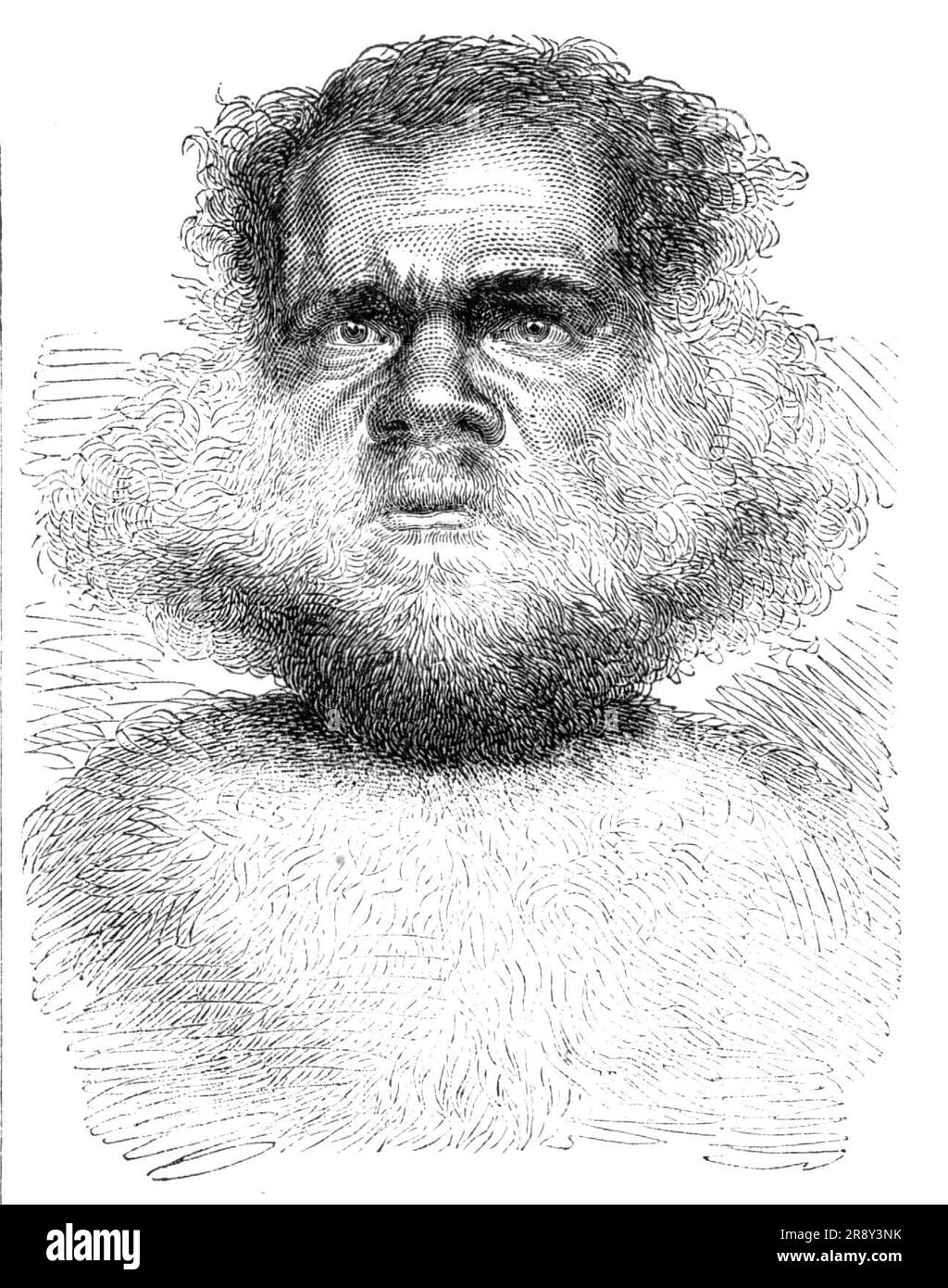 Sketches in Southern Australia - Man of South Australia, from a Photograph, 1857. "Le caratteristiche degli aborigeni non sono piacevoli, essendo molto grossolane. Le loro labbra sono spesse, con il naso piatto e la fronte bassa, che si allontana. Non sono, in generale, alti o ben fatti, né sono particolarmente forti. Il fatto che si muovano in questi numeri da soli li rende pericolosi. Il numero di aborigeni non è grande, ed è in costante diminuzione. Diverse tribù sono già completamente scomparse. Sono stati fatti molti sforzi per proteggerli, e per indurli ad adottare abitudini stabili e industriose, ma wi Foto Stock