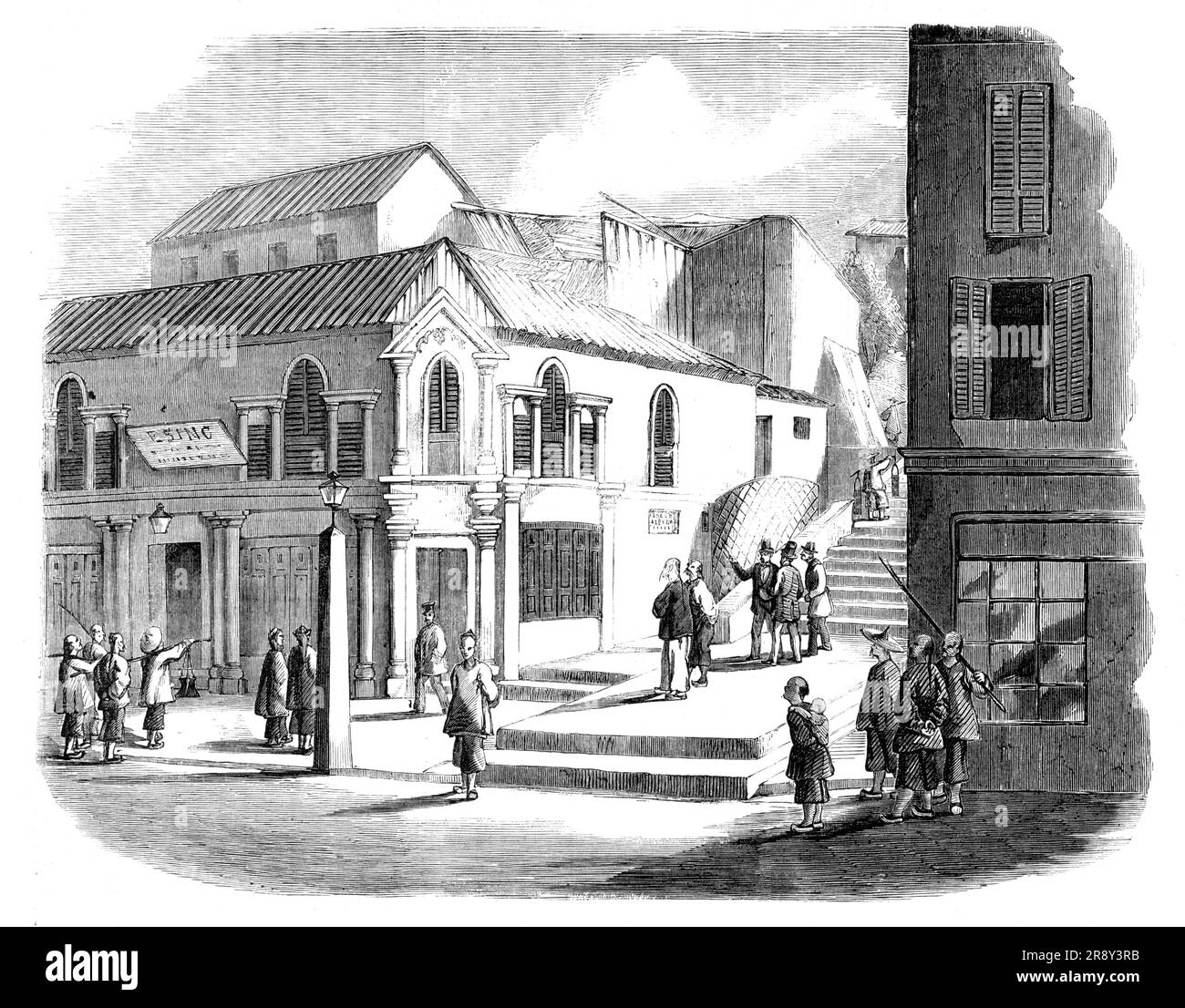 The War in China - Shop of the Chinese Baker, Esing (Alum), a Victoria, Hong-Kong, 1857. "Vista"... disegnata da un portoghese di nome Baptista, che qui si pensa un artista intelligente, e che era un allievo di Chinery...[della] casa di Esing (chiamata correttamente Alum) il panettiere che forniva il pane avvelenato con arsenico da cui tante persone soffrivano a Hong Kong, E che, con suo padre e otto dei suoi operai, sono ora sotto processo per quel crimine... due o trecento persone, complessivamente, avevano preso parte al pane avvelenato, ma nessuna vita era stata persa... lettere private dai mari cinesi, recei Foto Stock