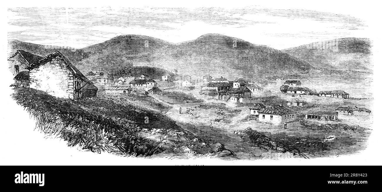 Veduta di Karani, 1857. "Il villaggio mercantile di Karani, o Karanji, che si trova nella valle, a circa due miglia e mezzo da Balaclava, fu occupato durante parte della fine della guerra [Crimea] dal nostro servizio di trasporto. La situazione è piacevole e protetta”. Da "Illustrated London News", 1857. Foto Stock