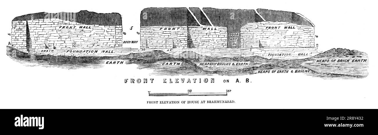 Facciata della casa a Brahmunabad, 1857. Antica città in quello che oggi è il Pakistan, scavata a sue spese dal signor A. F. Bellasis, del servizio civile di Bombay, e '...doveva essere distrutta da un terremoto intorno all'anno 1020 d.C. ... non avevamo scavato due piedi prima di arrivare a quantità di ossa, e... scheletri... così numerosi che difficilmente era possibile scavare una powra (una grande zappa) piena di terra senza sollevare particelle di ossa. Per quanto ne so, molti erano innegabilmente ossa umane, e altri di bovini e cavalli. Le ossa umane sono state trovate principalmente nelle porte, Foto Stock