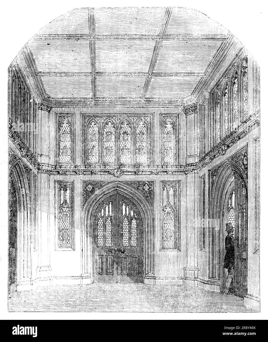 Vestibolo alla Biblioteca della camera dei comuni, 1857. Interno del Palazzo di Westminster, Londra. "Sarebbe difficile indicare qualsiasi edificio, antico o moderno, in cui lo stile e il carattere dell'architettura siano realizzati più completamente che nelle nuove camere del Parlamento. Ogni appartamento e mezzo di comunicazione in tutto il vasto edificio ha le sue caratteristiche dello stile sontuoso Tudor, che Sir Charles Barry ha adottato... è un vestibolo che comunica con la Biblioteca della camera dei comuni. I pannelli delle portiere sono riempiti di tralicci in vetro e ottone; a Foto Stock