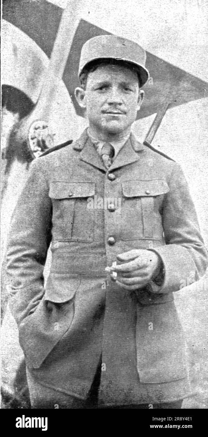 ''Combat Aerien; Deux "poilus" de l'air; Raoul Lufbery, pilote dans l'Aviation francaise, 1918. Da "l'album de la Guerre 1914-1919, volume 2" [l'Illustration, Paris, 1924]. Foto Stock