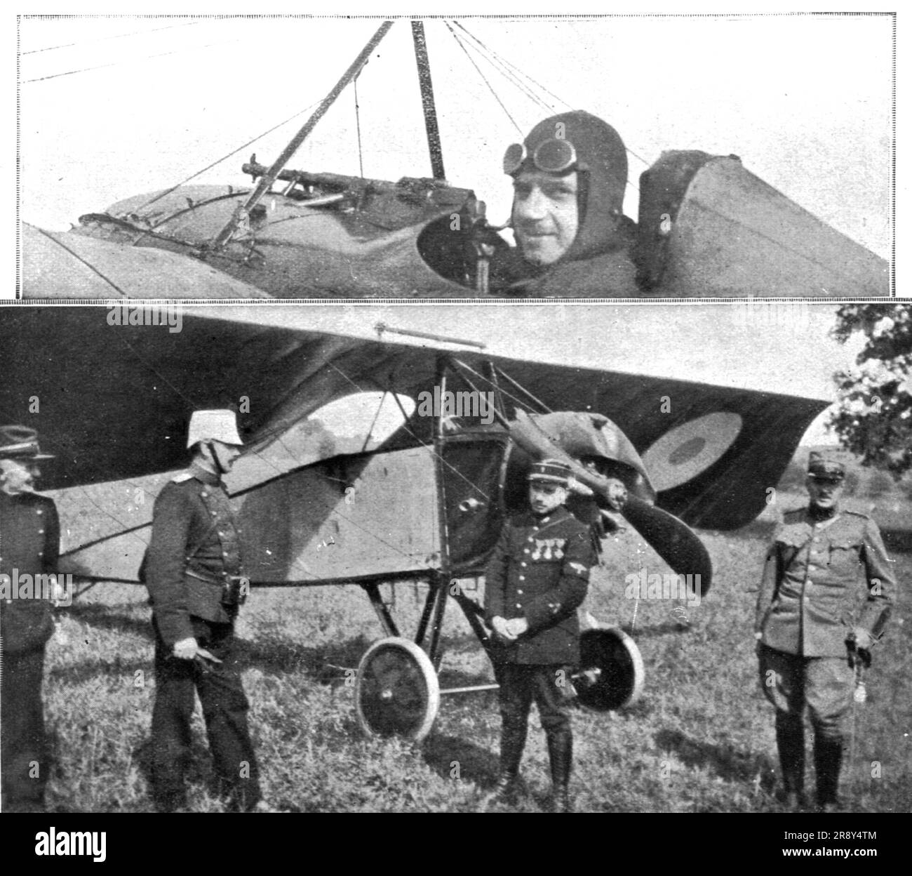 ''Des Braves; l'aviateur Gilbert et son monoplan retenus en Suisse; en haut, Gilbert photographie sur son appareil le "Vengeur", le 17 juin 1915, le jour ou il devait remporter sa quatrieme victoire', 1915. Da "l'album de la Guerre 1914-1919, volume 2" [l'Illustration, Paris, 1924]. Foto Stock