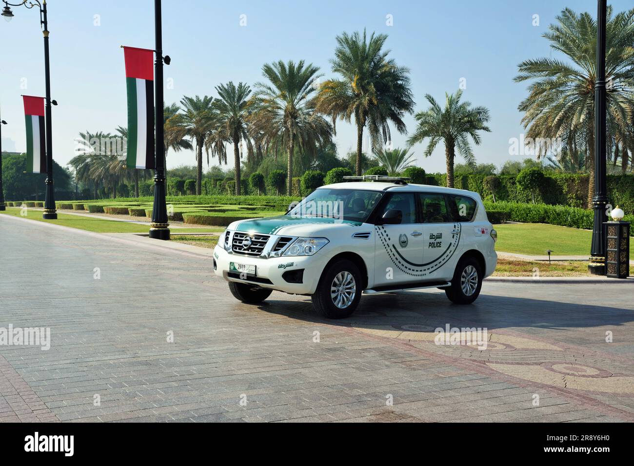 Auto della polizia, Zaabel Palace, Zabeel Palace, Dubai, Emirati Arabi Uniti, Emirati Arabi Uniti, Medio Oriente Foto Stock