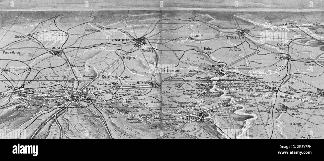 "La Bataille de la somme; Croquis perspectif du front d'artois Picardie et Santerre. Le Terrain est vu Face a l'Est. dans la direction generale de l'offensive franco-britannique. Trapezio Chaque represente un carre, deforme par la perspective, de 12 kil. 500 de cote', 1916. Da "Collection de la Guerre IV L'Illustration Tome CXLVIII. La Guerre Juillet, Aout, Septembre, Octobre, novembre, Decembre 1916". Foto Stock