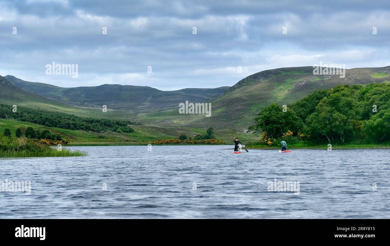 Paddle boarding sul Loch Brora Foto Stock