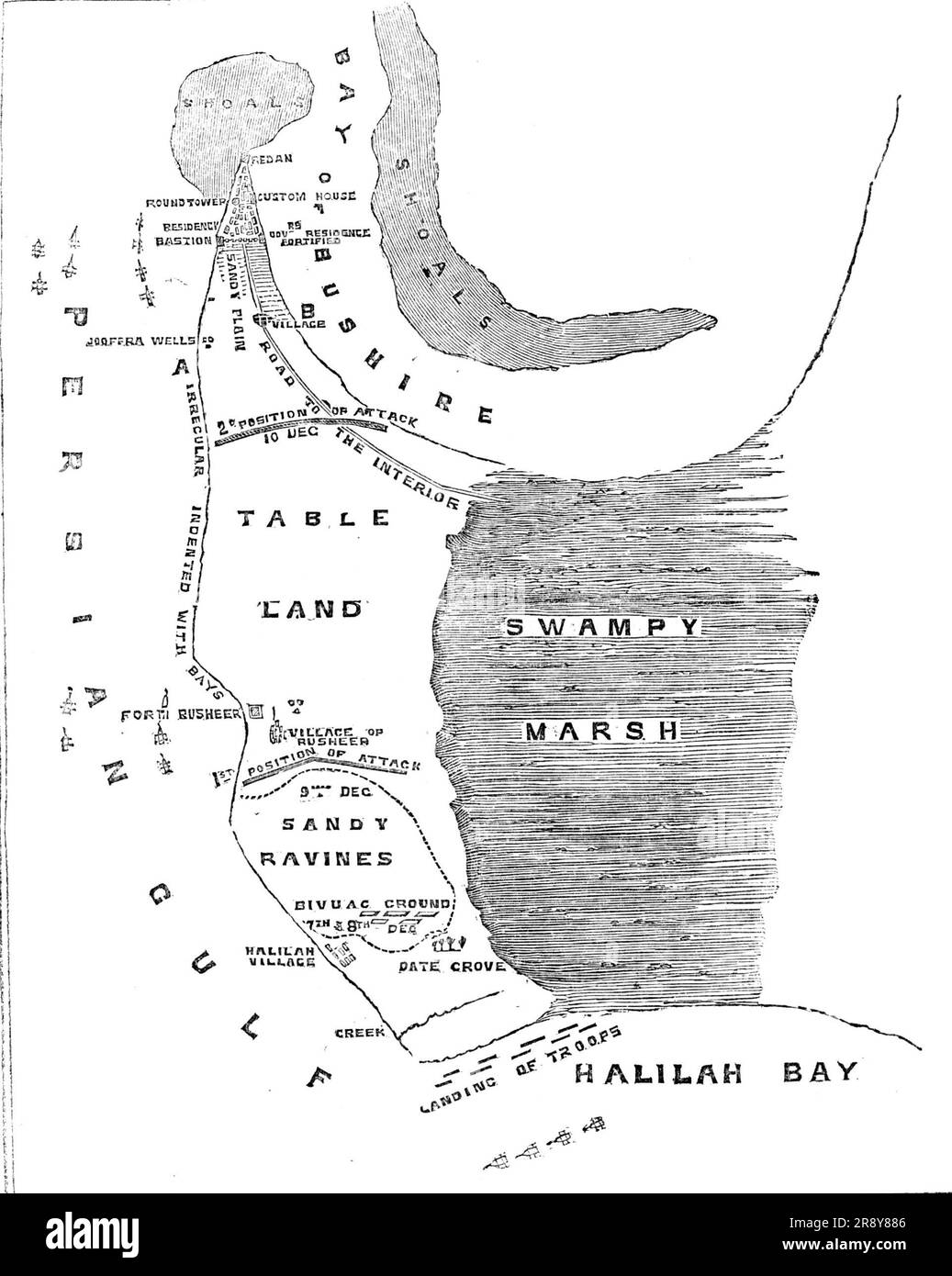 Piano delle operazioni contro il Bushire, 1857. Mappa che mostra "Golfo Persico, altopiani, burroni sabbiosi, paludi paludose, Halilah Bay, Baia di Bushire... [lettera di un ufficiale della flotta della Royal Navy:] ho solo il tempo di inviarvi alcune linee che descrivono la marcia dell'esercito da Halillah Bay a questo posto. Poco dopo che le barche avevano eliminato il nemico dai boschetti di date, vicino al luogo scelto per lo sbarco, il 64th Regiment, porzioni del 2nd European, 4th Rifles e 20th Native Infantry, atterrarono il 7th Safe, e io tra loro. Mi sono subito messo alla ricerca del? Foto Stock