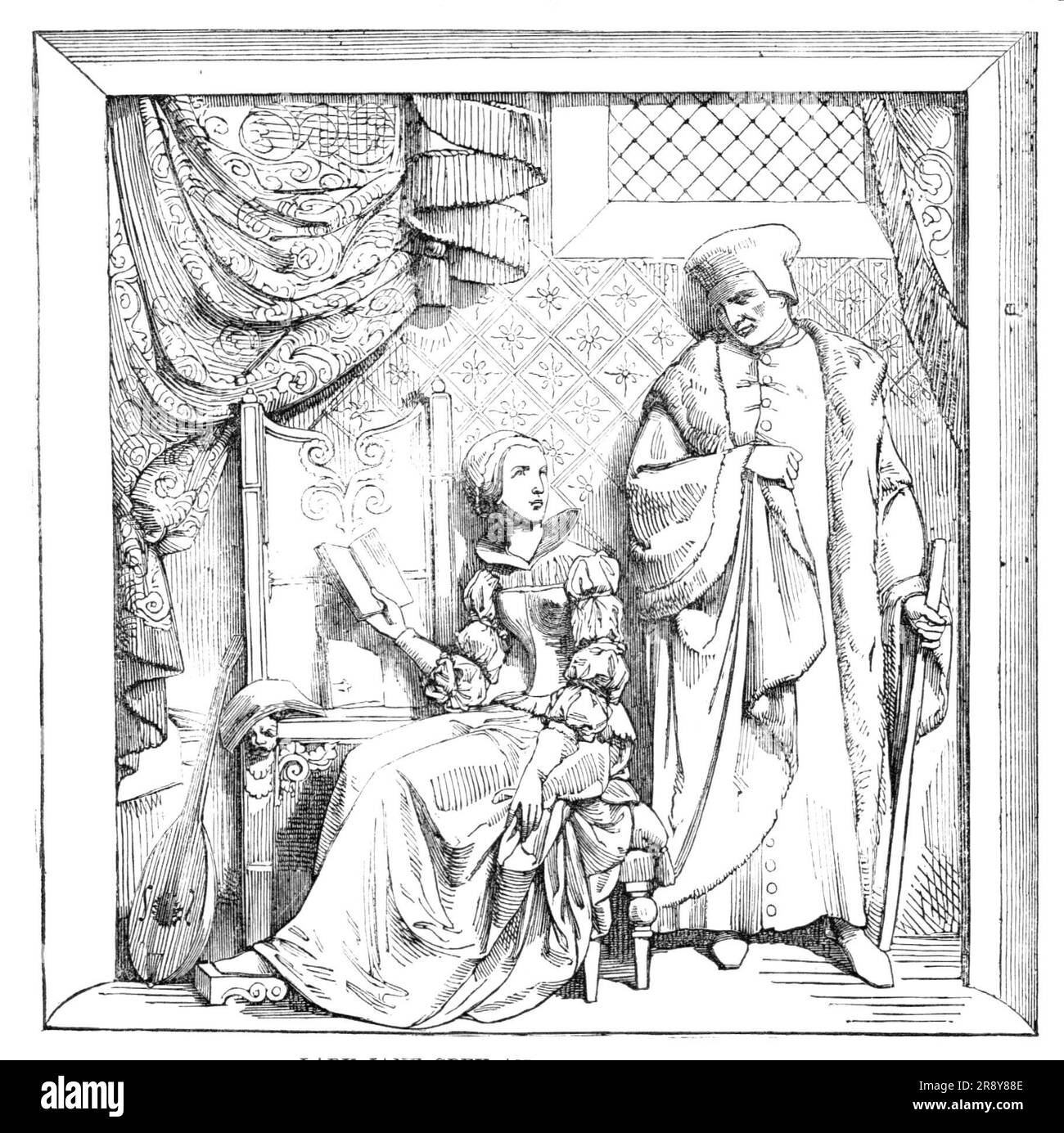 Le nuove camere del Parlamento - bassorilievi nella camera del Principe - Lady Jane Grey e il suo tutore, Ascham, 1857. Uno dei ...series tableaux storici che arricchiscono le pareti di questo elegante appartamento... il primo... rappresenta Lady Jane Grey nei suoi studi; L'incidente è stato il suo vecchio tutor, il dottor Roger Ascham, che ha scoperto la sua allieva, e le ha chiesto come dovrebbe studiare i suoi libri mentre i suoi parenti e amici si stanno divertendo gli sport del campo. È qui rappresentata, nel suo modo mite, ascoltando; o potrebbe essere solo rispondere all'interrogatorio del suo tutor. Il costume del perio Foto Stock