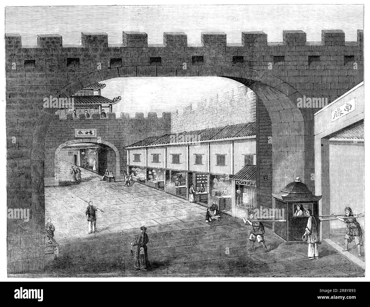 Street Within the City Walls, Canton - da un disegno di un artista cinese, 1857. A destra '...è la berlina, che è un trasporto generale utilizzato da persone di qualità in Cina. Della fisionomia della strada si vede la seguente immagine: "I negozi, essendo principalmente aperti di fronte, e l'intera merce così esposta alla vista, presentano un aspetto più appariscente e affascinante allo spettatore. L'interno di questi negozi è ben allestito e le merci sono ben smaltite per l'ispezione; mentre l'insieme di iscrizioni di carta di vari colori appese alle pareti, e. Foto Stock