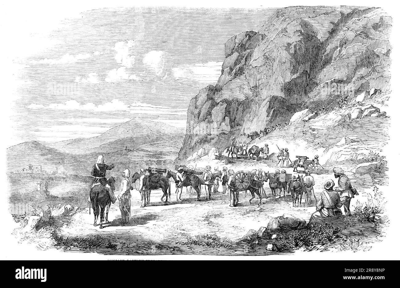 La guerra con la Persia - batteria Punjaub che si prepara ad entrare nel passo Durwanzal nella valle di Koorum, 1857. Sketch di un "corrispondente, dell'Artiglieria Punjaub" che mostra "...la Peshawur Madras Force sulla linea di marzo. Una pistola, o obice, e la sua carrozza sono trasportati su tre muli, esclusivi dei muli per munizioni. Questa batteria per la marcia può essere preparata per l'azione in meno di un minuto e può essere nuovamente pronta per la marcia in tempi molto più brevi. Questa spedizione è stata finora utile, che nulla era noto prima del paese se non da informazioni native: Ora un Foto Stock