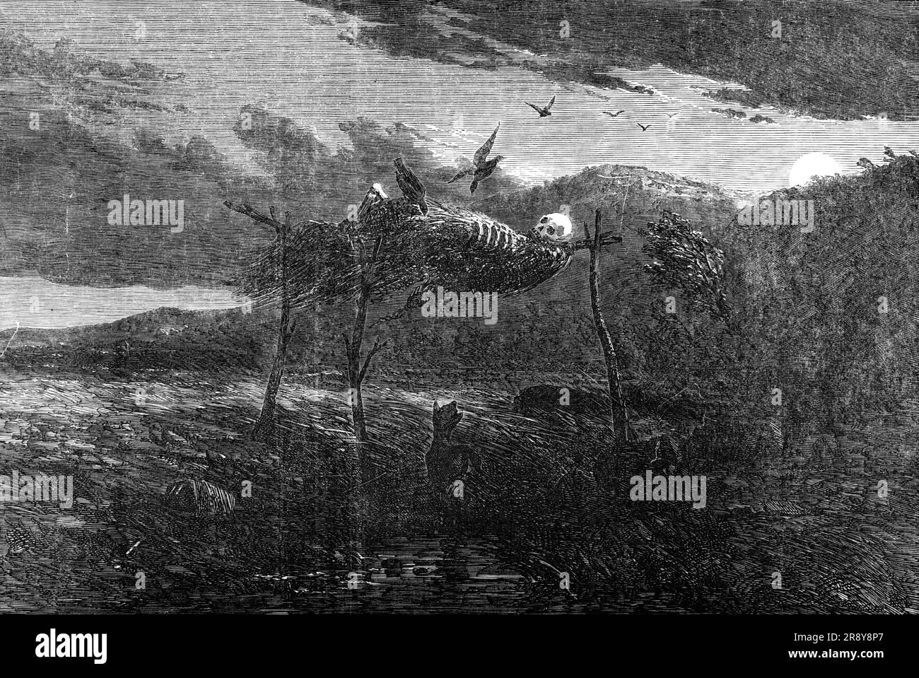 Sketches in Australia - Aboriginal Mode of the Disposal of the Dead, 1857. "...il cadavere è posto su una piattaforma di falce, attaccato a pali, e sollevato a un'altezza considerevole dal suolo, in modo da evitare che i cani nativi (una specie che assomiglia a un misto di lupo e sciacallo) arrivino al corpo, E divorandolo... va osservato che gli avvoltoi che si vedono scendere sul cadavere sono considerati visitatori amichevoli. Non viene presentato alcun impedimento al loro consumo del corpo, ma piuttosto un invito è dato dall'esposizione dei morti ai loro appeti voraci Foto Stock