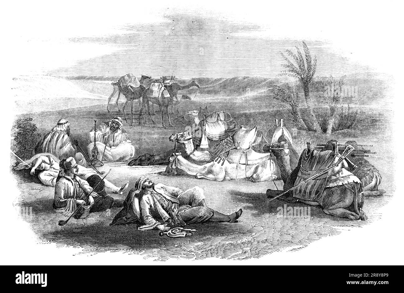 Camel-drivers' Encampment in the Desert, 1857. "I cammelli sono vuoti, e la maggior parte di loro, stanchi del lavoro della giornata, giacciono in atteggiamenti grotteschi e poco crudi... i camel-drivers...betake stessi al godimento di una pipa o di un narghely... due vecchi meriti, ai quali il posto era familiare fin dall'infanzia, Stanno inalando con gusto il fumo profumato delle loro rispettive pipe... più vicino è ancora uno dei loro numeri, che, completamente sopraffatti dal caldo e dalla stanchezza del giorno, è affondato in un sonno profondo, con nient'altro che una pietra dura (come Giacobbe di vecchio) per il suo cuscino. Le due cifre più vicine Foto Stock