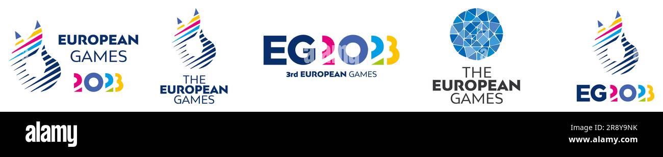 Kiev, Ucraina - 19 giugno 2023: Logo ufficiale dei 3° Giochi europei. Logo EG2023 - evento sportivo internazionale che si svolge a Cracovia in Polonia fornire qua Illustrazione Vettoriale