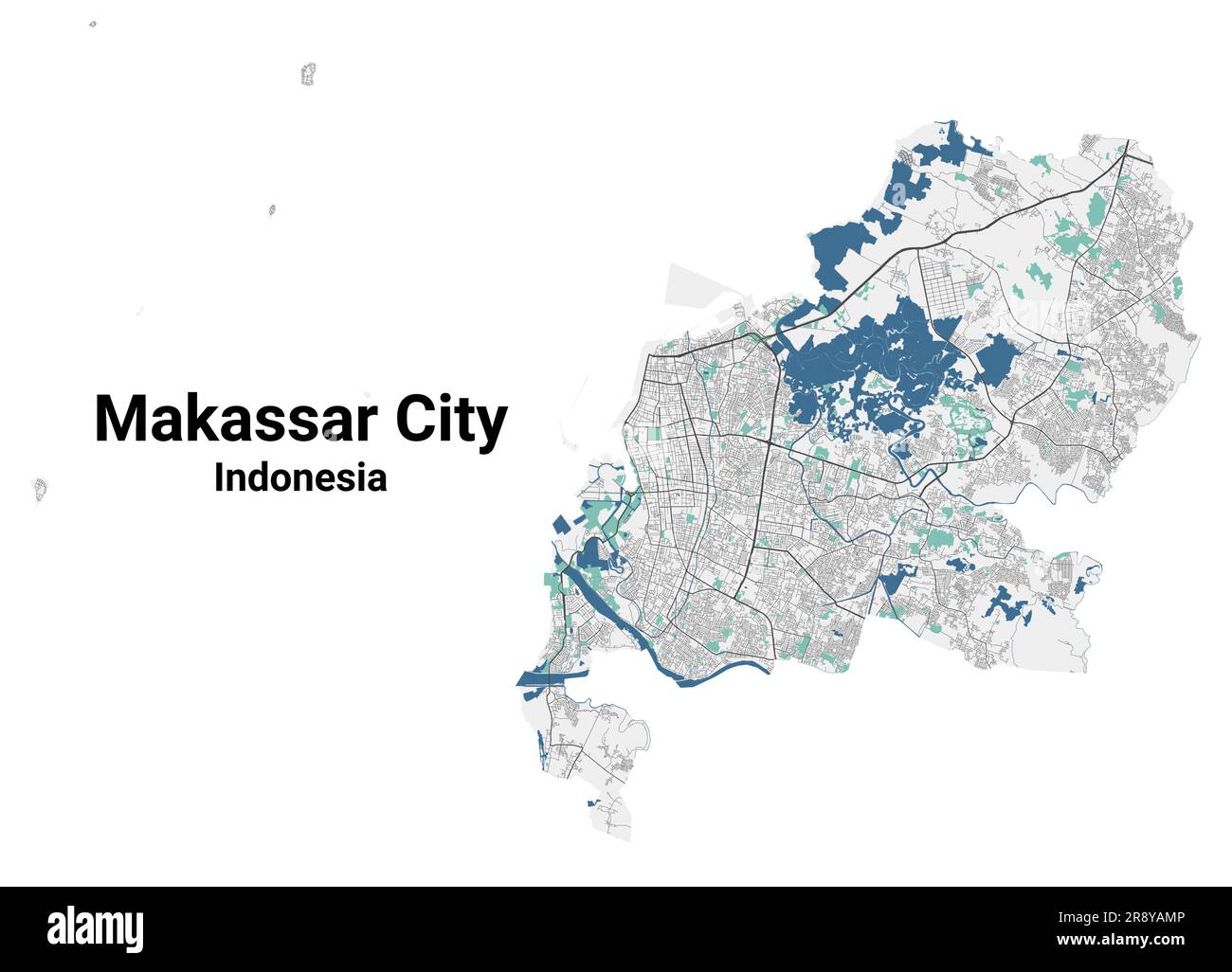 Mappa di Makassar. Mappa dettagliata dell'area amministrativa della città di Makassar. Panorama urbano. Mappa stradale con autostrade, fiumi. Illustrazione vettoriale priva di royalty. Illustrazione Vettoriale