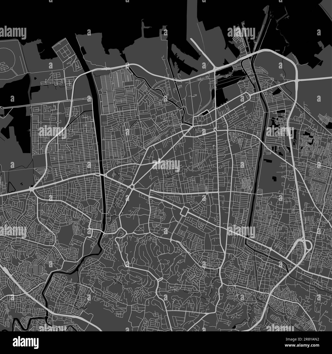 Mappa della città di Semarang. Poster urbano in bianco e nero. Immagine della mappa stradale con vista dell'area verticale della città metropolitana. Illustrazione Vettoriale