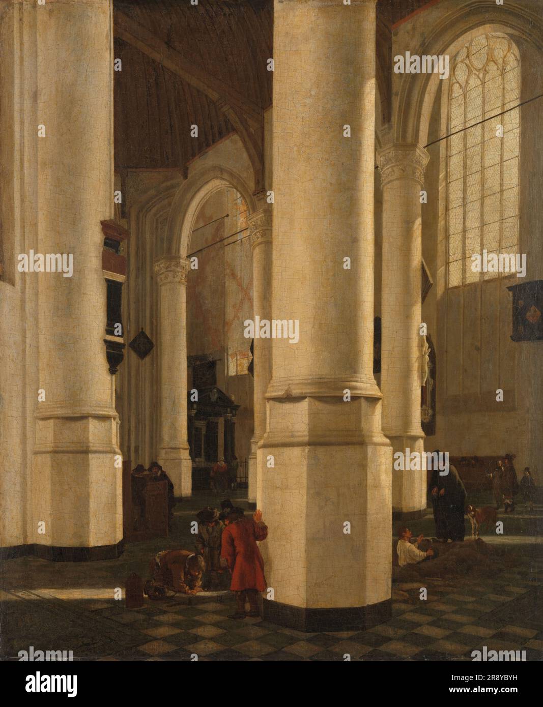 Interno dell'Oude Kerk a Delft, con la tomba del viceammiraglio Pieter Pietersz Heijn, c.1650. Vista dell'interno dell'Oude Kerk a Delft vista dalla Cappella di San Giorgio e#x2019, con la tomba del viceammiraglio Pieter Pietersz Heijn (1577-1629) questo monumento in marmo, attribuito a Pieter de Keyser, fu completato nel 1638, nove anni dopo la morte dell'eroe navale &#x2019. Un muratore sta facendo un'iscrizione a sinistra della colonna centrale, mentre a destra un gravedigger sta parlando con un uomo vestito di nero Foto Stock