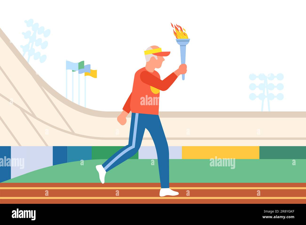 Il vecchio corridore maschio porta la torcia con fiamma olimpica. Uomo che corre attraverso lo stadio. Competizioni sportive. Campione anziano in fiamme. gam atletica Illustrazione Vettoriale